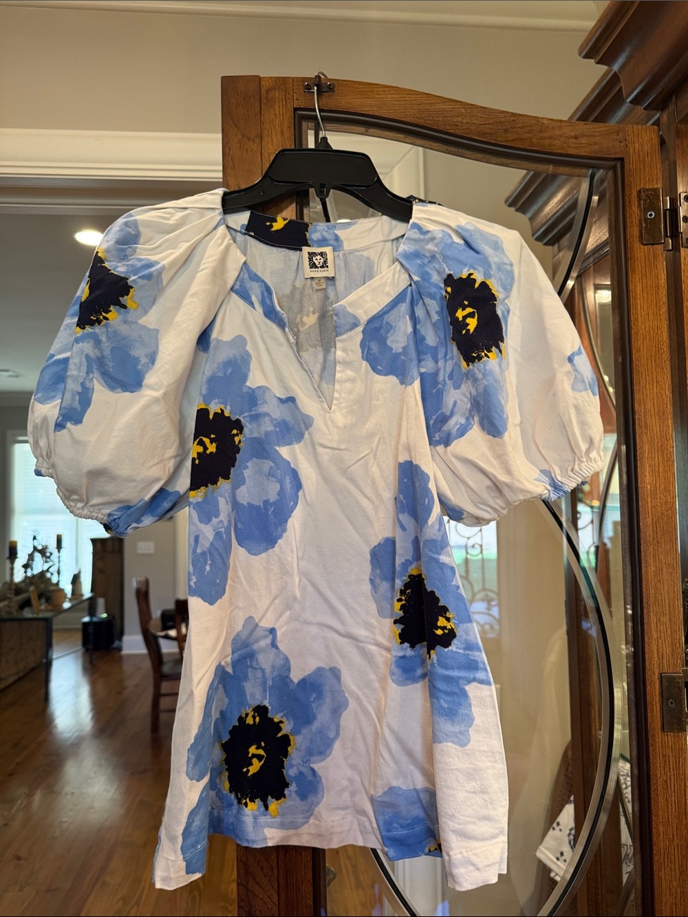 Anne Klein Blouse White with Blue and Yellow Floral Accents M